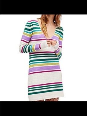 NWT Free People Ivory Ribbed Sweater Dress with Green, Purple & Yellow Stripes